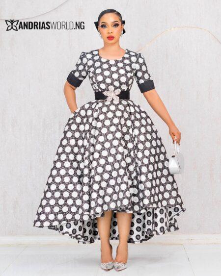 BLACK AND WHITE DAMASK PATTERN SKATER DRESS WITH BELT