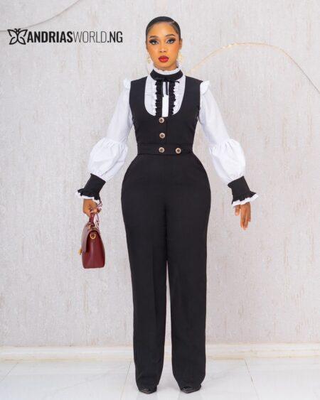 BLACK JUMPSUIT WITH WHITE SHIRT