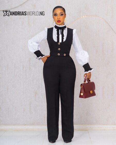 BLACK JUMPSUIT WITH WHITE SHIRT