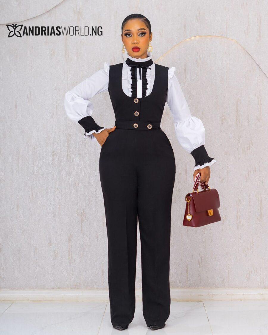 BLACK JUMPSUIT WITH WHITE SHIRT