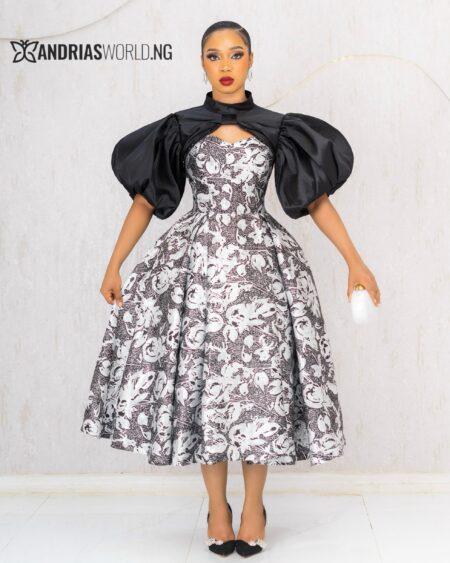 BLACK DAMASK DRESS WITH DETACHABLE CAPE
