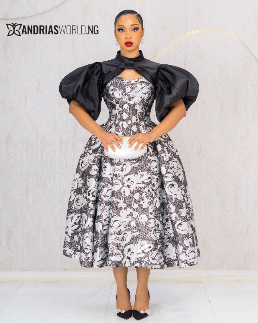 BLACK DAMASK DRESS WITH DETACHABLE CAPE