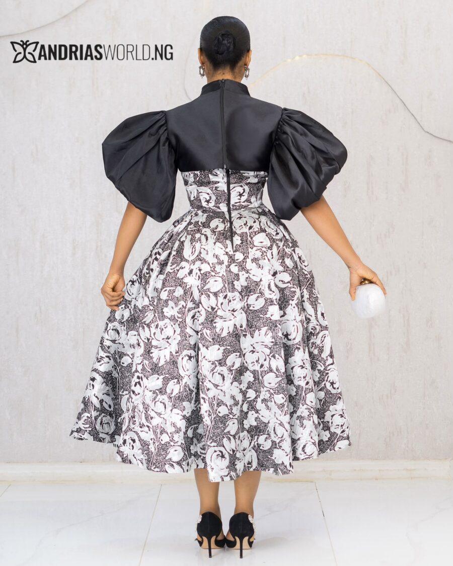 BLACK DAMASK DRESS WITH DETACHABLE CAPE