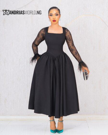 BLACK SKATER DRESS WITH LACE SLEEVES