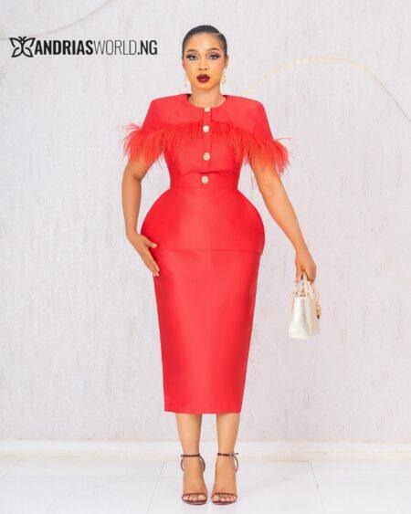 RED MIKADO SKIRT SET WITH FEATHERS