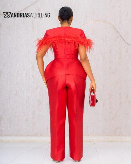 RED MIKADO TROUSER SET WITH FEATHERS