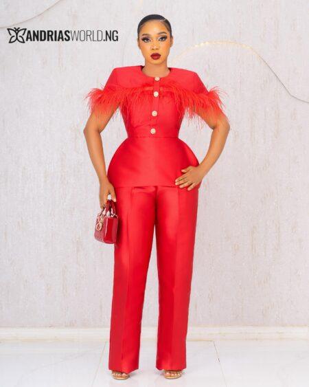 RED MIKADO TROUSER SET WITH FEATHERS