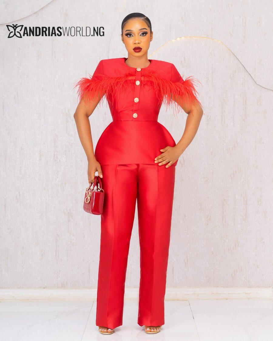 RED MIKADO TROUSER SET WITH FEATHERS