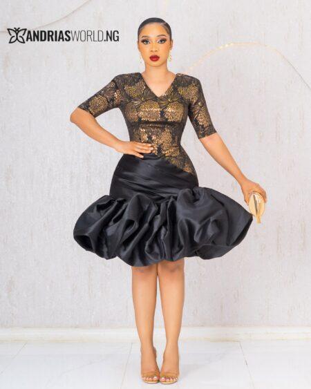 GOLD DAMASK DRESS WITH BLACK MIKADO RUFFLES