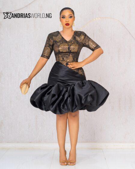 GOLD DAMASK DRESS WITH BLACK MIKADO RUFFLES