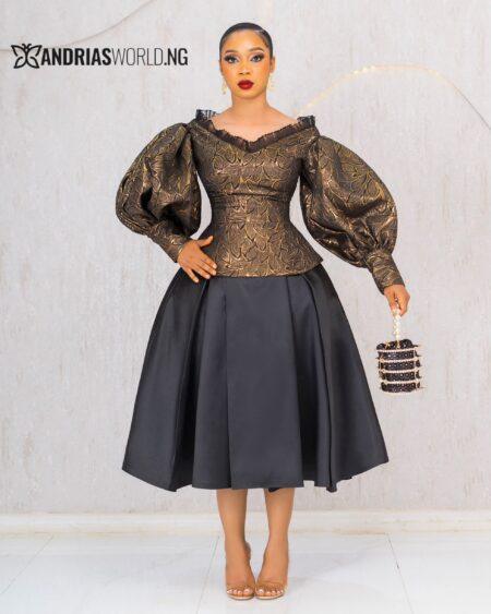 GOLD DAMASK TOP WITH BLACK MIKADO SKIRT