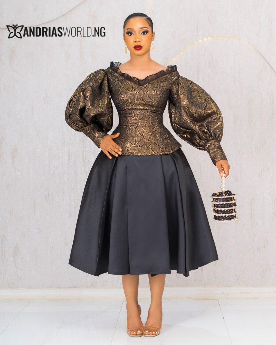 GOLD DAMASK TOP WITH BLACK MIKADO SKIRT