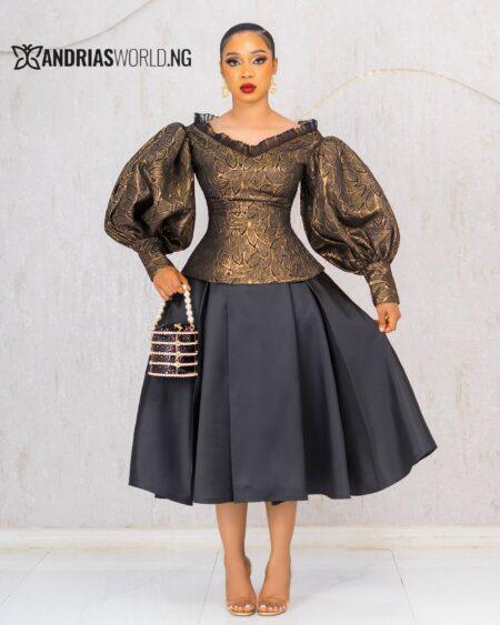 GOLD DAMASK TOP WITH BLACK MIKADO SKIRT