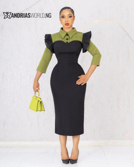 BLACK AND OLIVE GREEN MIDI DRESS