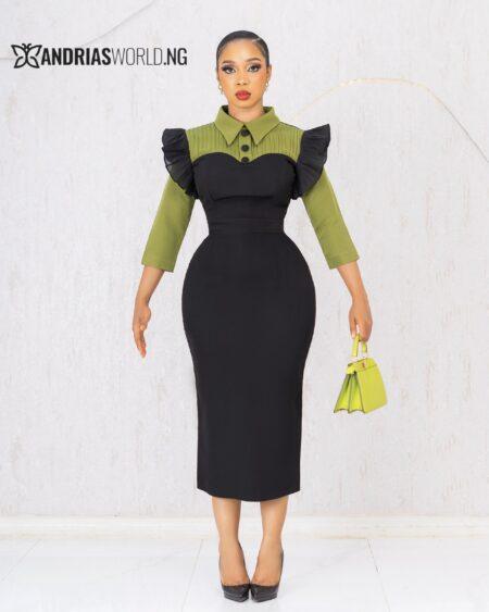 BLACK AND OLIVE GREEN MIDI DRESS