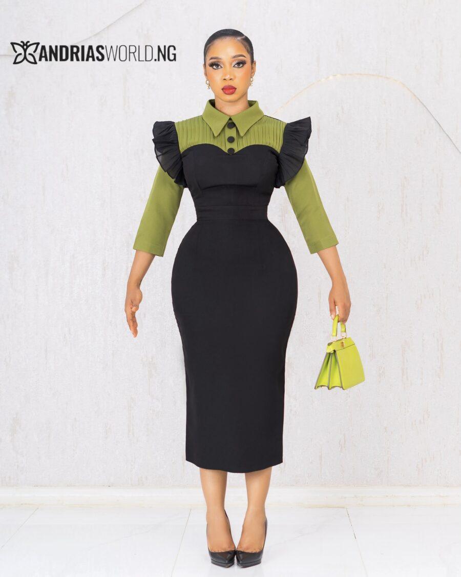 BLACK AND OLIVE GREEN MIDI DRESS