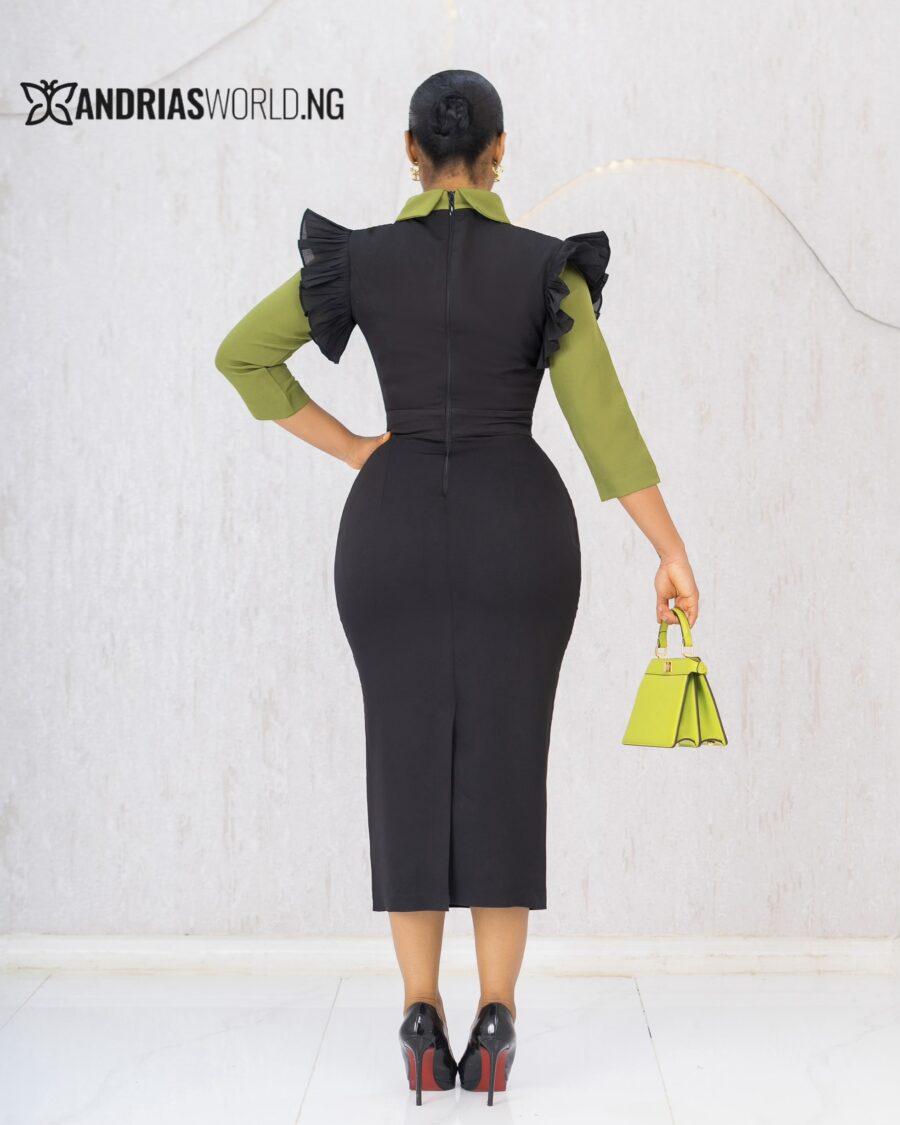 BLACK AND OLIVE GREEN MIDI DRESS