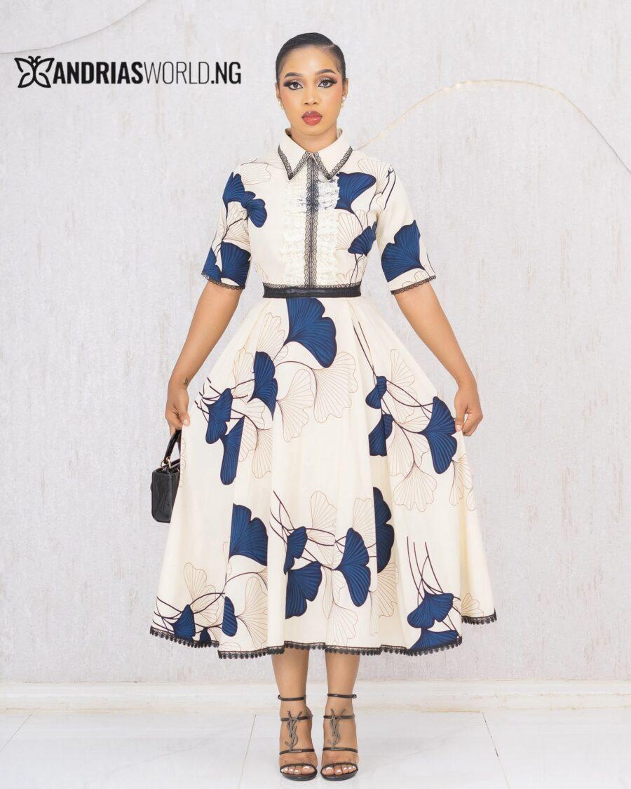 CREAM AND BLUE FLORAL FLARE DRESS