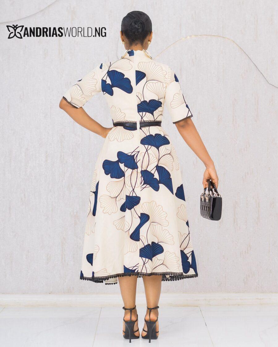 CREAM AND BLUE FLORAL FLARE DRESS