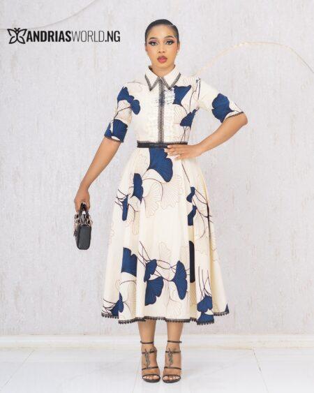 CREAM AND BLUE FLORAL FLARE DRESS