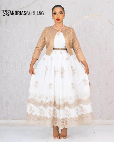 WHITE AND BROWN LACE SKATER DRESS WITH DAMASK JACKET