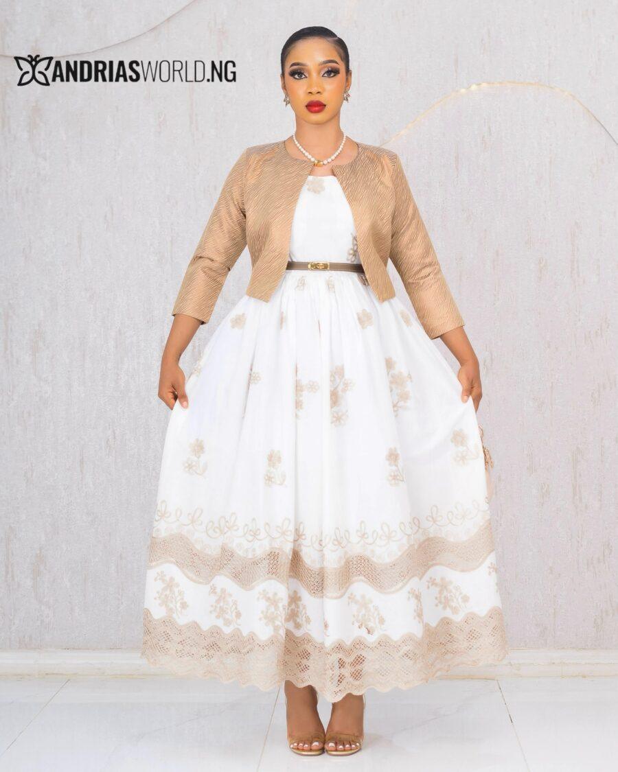 WHITE AND BROWN LACE SKATER DRESS WITH DAMASK JACKET