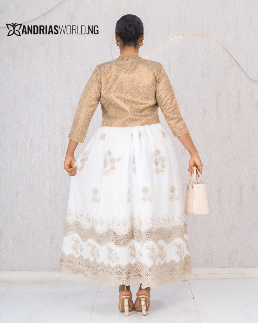 WHITE AND BROWN LACE SKATER DRESS WITH DAMASK JACKET