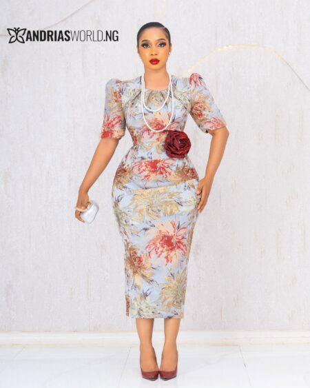 MULTICOLOR FLORAL DAMASK DRESS WITH RED ROSE