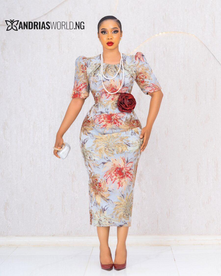 MULTICOLOR FLORAL DAMASK DRESS WITH RED ROSE