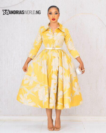 YELLOW AND GREY FLORAL DAMASK DRESS