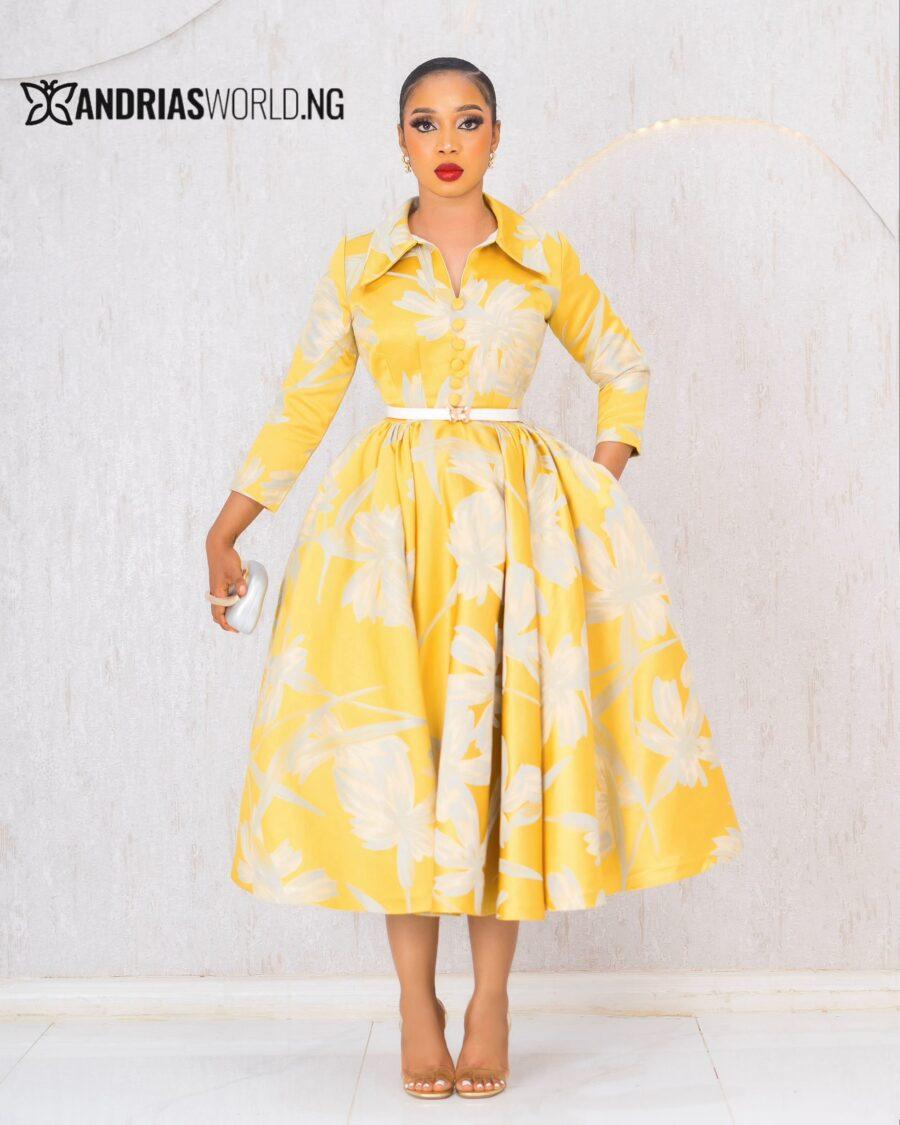 YELLOW AND GREY FLORAL DAMASK DRESS