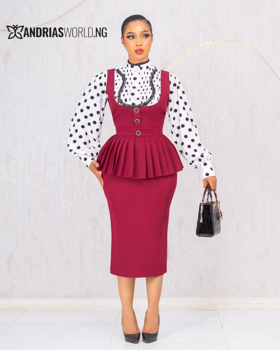 WINE PINAFORE DRESS WITH POLKADOT SHIRT