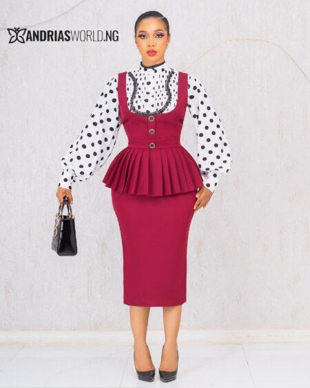 WINE PINAFORE DRESS WITH POLKADOT SHIRT