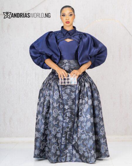 NAVYBLUE BEADED MIKADO DRESS WITH DAMASK FLORAL PRINT