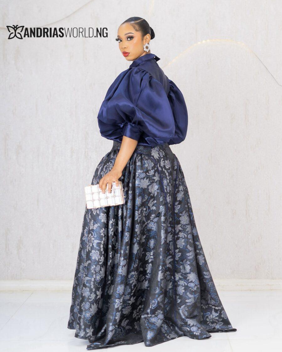 NAVYBLUE BEADED MIKADO DRESS WITH DAMASK FLORAL PRINT