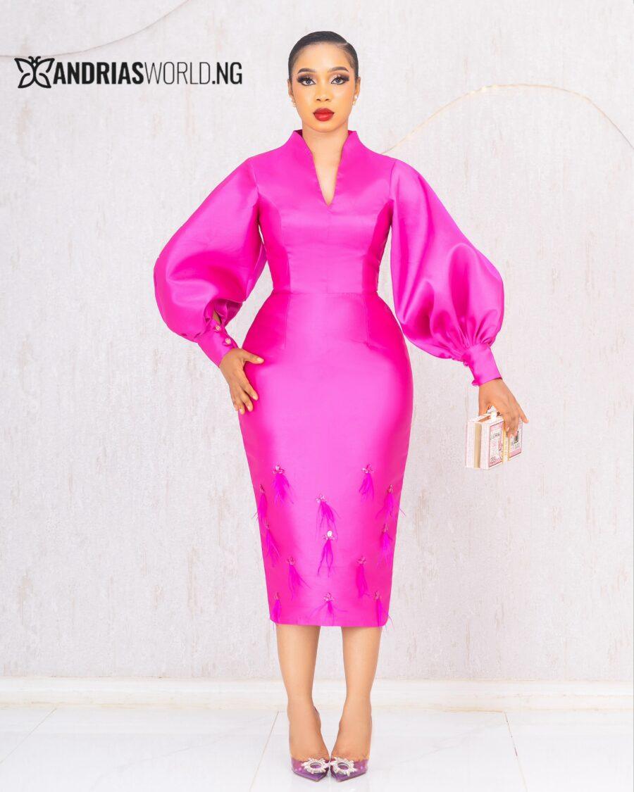 PINK MIKADO MIDI DRESS WITH FEATHERS