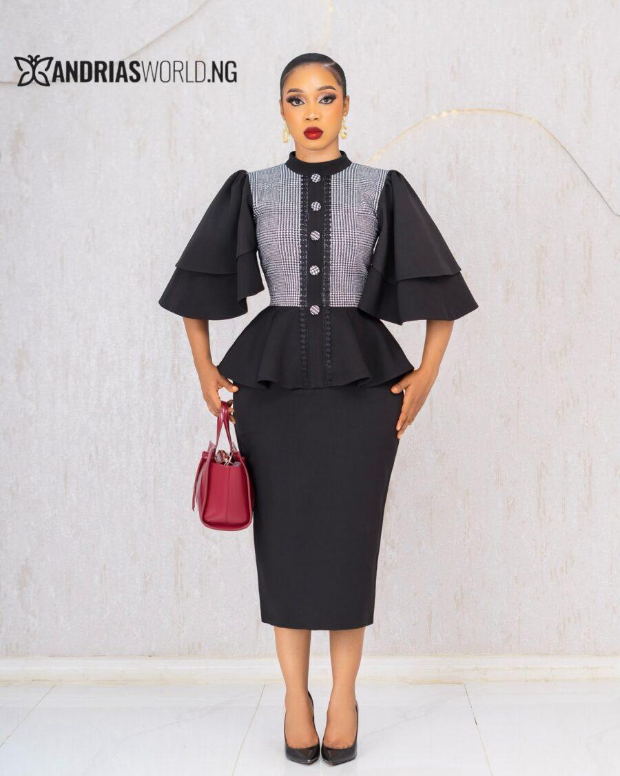 BLACK AND GREY MIDI DRESS WITH RUFFLED SLEEVES
