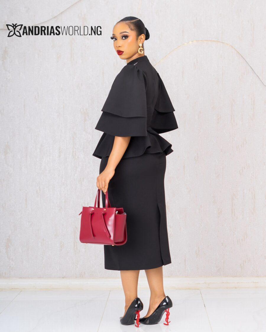 BLACK AND GREY MIDI DRESS WITH RUFFLED SLEEVES