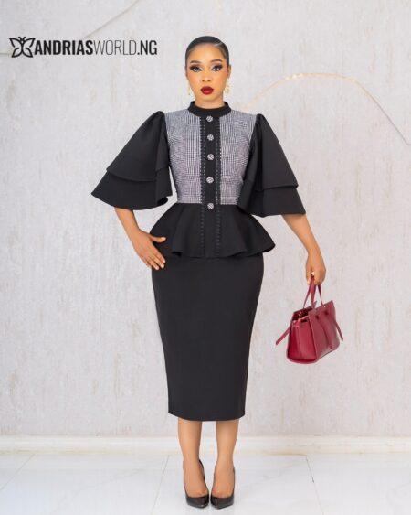 BLACK AND GREY MIDI DRESS WITH RUFFLED SLEEVES