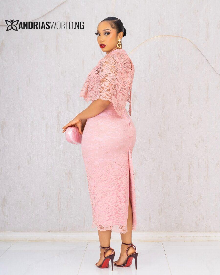 PEACH LACE DRESS WITH DETACHABLE CAPE