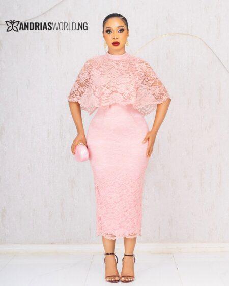 PEACH LACE DRESS WITH DETACHABLE CAPE