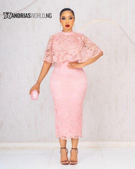PEACH LACE DRESS WITH DETACHABLE CAPE