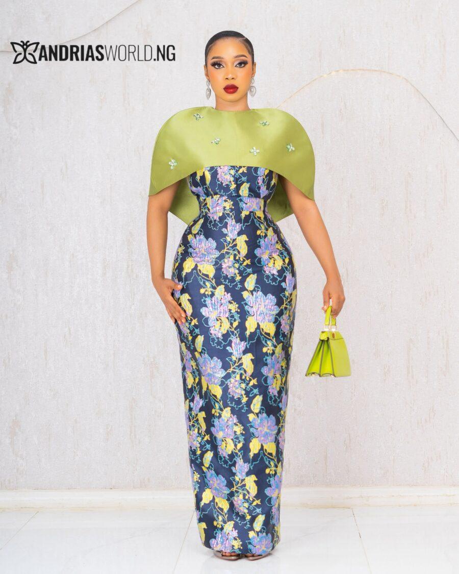 MULTICOLOR DAMASK MAXI DRESS WITH DETACHABLE CAPE