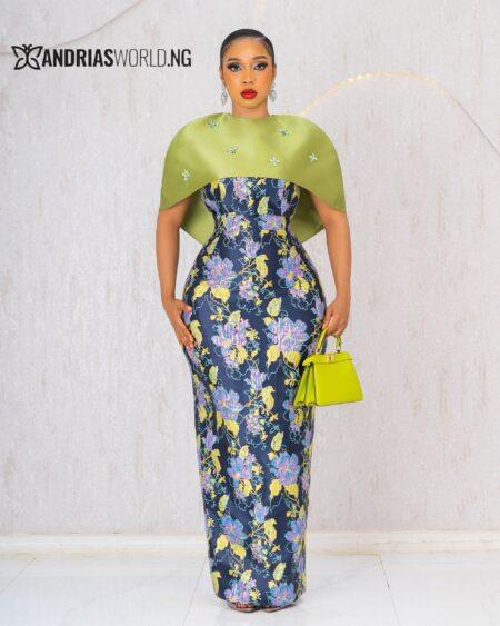 MULTICOLOR DAMASK MAXI DRESS WITH DETACHABLE CAPE