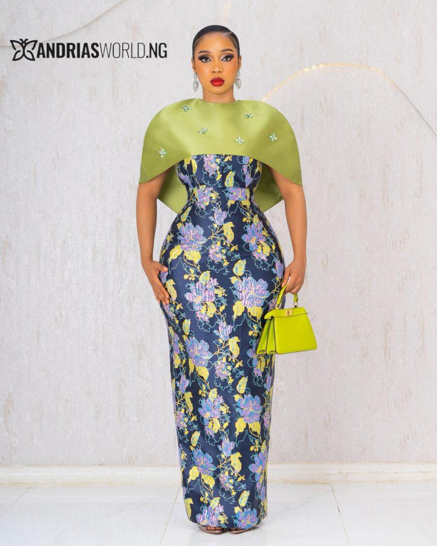 MULTICOLOR DAMASK MAXI DRESS WITH DETACHABLE CAPE