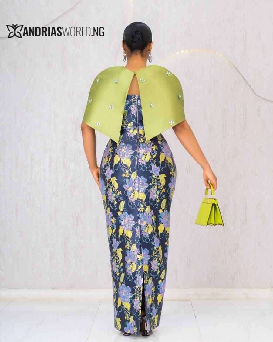 MULTICOLOR DAMASK MAXI DRESS WITH DETACHABLE CAPE