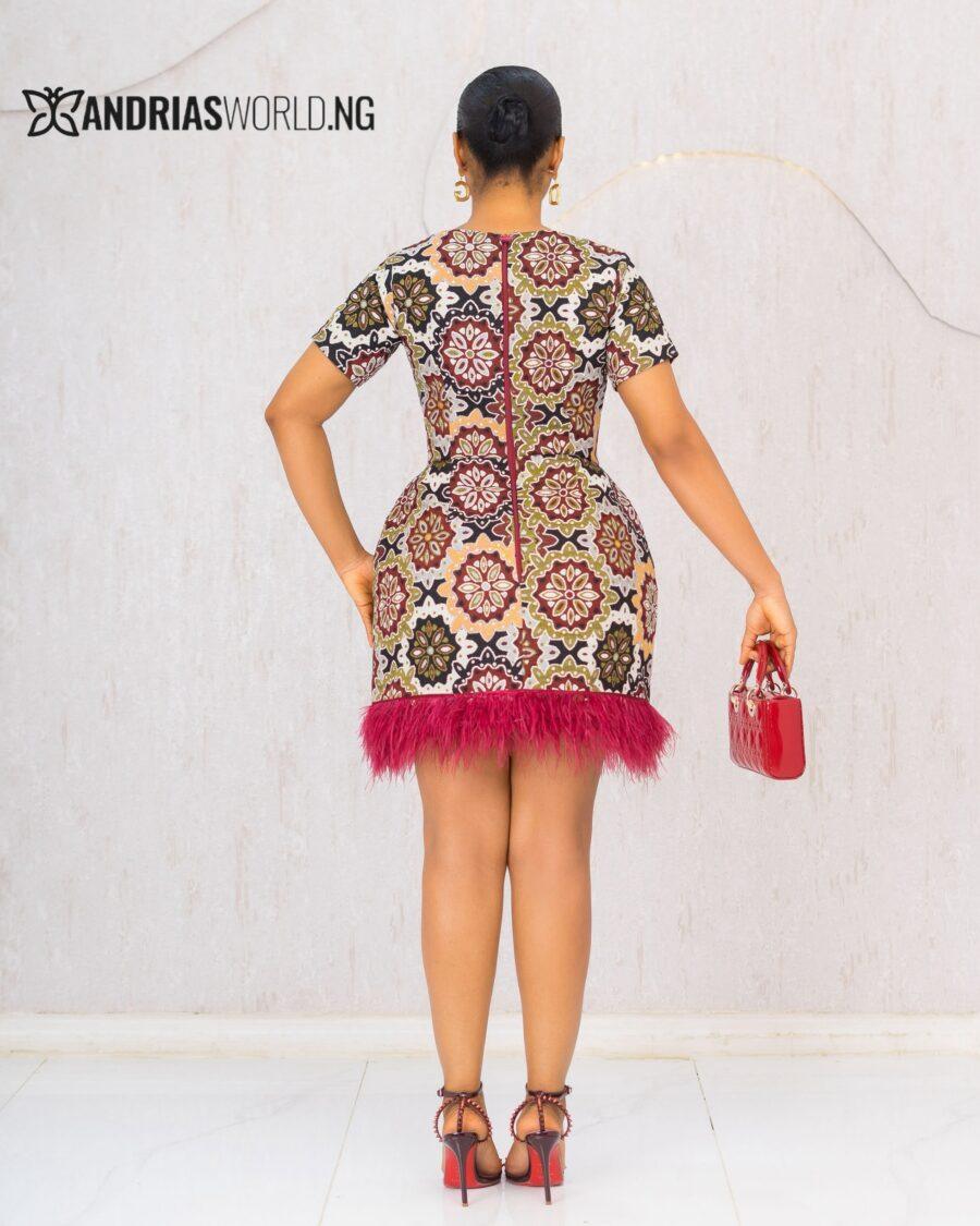 MULTICOLORED DAMASK DRESS WITH FEATHERS
