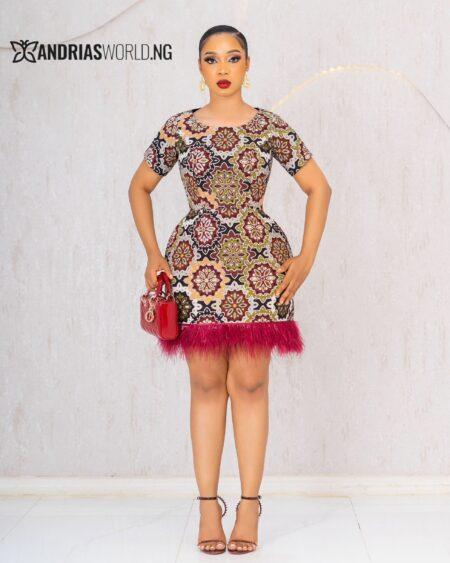 MULTICOLORED DAMASK DRESS WITH FEATHERS