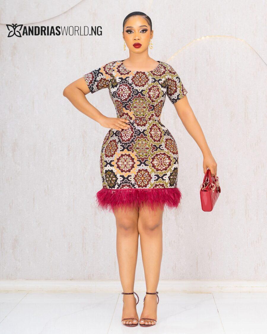 MULTICOLORED DAMASK DRESS WITH FEATHERS