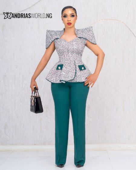 GREEN TWEED TOP AND TROUSER SET